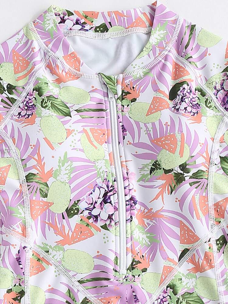 Girls Tropical Print Zip Front One Piece Swimsuit