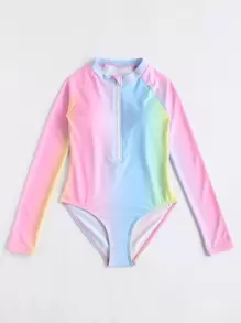Traje De Baño De Una Pieza Con Cremallera Frontal Degradado Para Niñas Preadolescentes