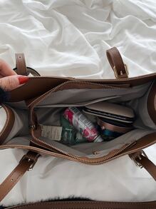 Waterproof, Lightweight, Large Capacity Knot Decor Large Capacity Tote Bag Vintage For Teen Girls Women College Students, Rookies & White-Collar Ers Perfect For, College, Commute, Business Casual Women Bag, Perfect For Office, Business And Work - Brown - View 2