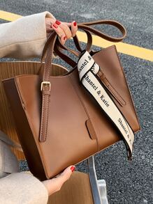 Waterproof, Lightweight, Large Capacity Knot Decor Large Capacity Tote Bag Vintage For Teen Girls Women College Students, Rookies & White-Collar Ers Perfect For, College, Commute, Business Casual Women Bag, Perfect For Office, Business And Work - Brown - View 6