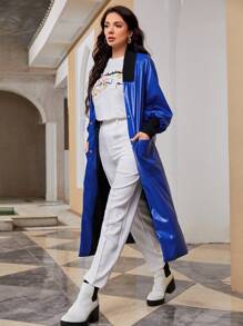 Mulvari Contrast Panel Lantern Sleeve PU Leather Coat - Royal Blue - View 1