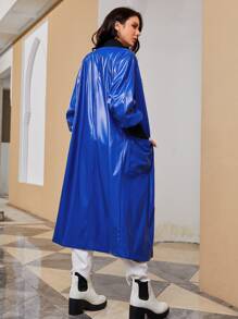 Mulvari Contrast Panel Lantern Sleeve PU Leather Coat - Royal Blue - View 2