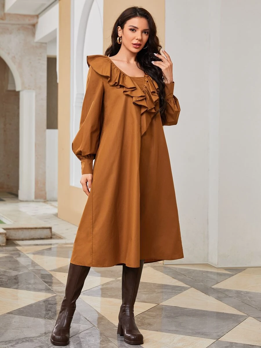 Mulvari Ruffle Trim Lantern Sleeve Tunic Dress Without Belt - Brown - View 1
