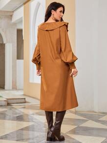 Mulvari Ruffle Trim Lantern Sleeve Tunic Dress Without Belt - Brown - View 2