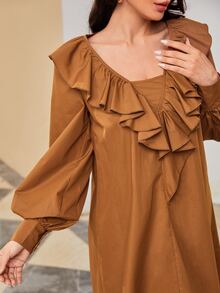 Mulvari Ruffle Trim Lantern Sleeve Tunic Dress Without Belt - Brown - View 3