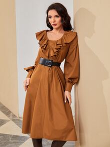 Mulvari Ruffle Trim Lantern Sleeve Tunic Dress Without Belt - Brown - View 4