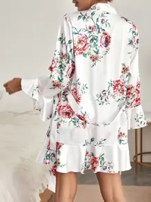 Conjunto de pijama con estampado floral con lazo delantero con cinturón bajo con fruncido de satén - Multicolor - Ver 2