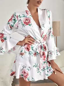Conjunto de pijama con estampado floral con lazo delantero con cinturón bajo con fruncido de satén - Multicolor - Ver 3