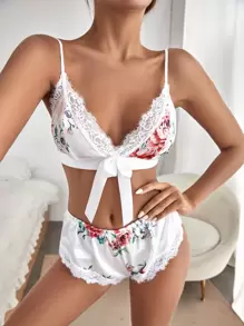 Conjunto de pijama con estampado floral con lazo delantero con cinturón bajo con fruncido de satén - Multicolor - Ver 4