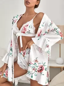 Conjunto de pijama con estampado floral con lazo delantero con cinturón bajo con fruncido de satén - Multicolor - Ver 5