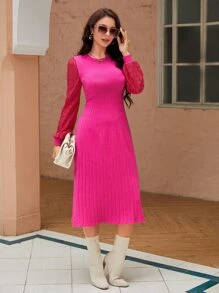 Modelyn Lace Sleeve Rib Knit Jumper Dress - Hot Pink - View 3