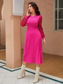 Modelyn Lace Sleeve Rib Knit Jumper Dress - Hot Pink - View 4