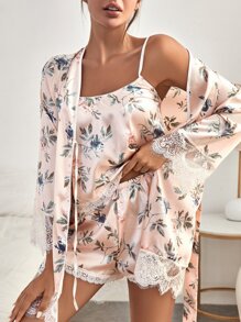 Floral Print Lace Trim Belted Satin PJ Set - Multicolor - View 1