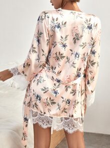 Floral Print Lace Trim Belted Satin PJ Set - Multicolor - View 2
