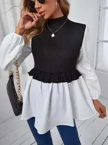 SHEIN Maternidad Camiseta 2 en 1 de dos tonos de cuello alto de manga farol bajo con fruncido