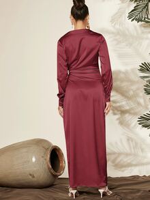 SHEIN Split High Solid Satin Dress - Rose Red - View 2