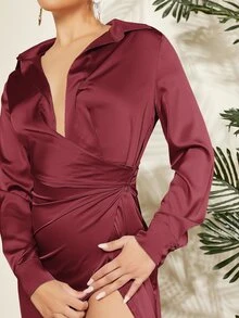 SHEIN Split High Solid Satin Dress - Rose Red - View 3