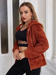 ZIAI Double Pocket Drop Shoulder Hooded Fuzzy Coat - Rust Brown - View 3