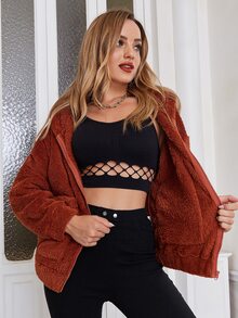 ZIAI Double Pocket Drop Shoulder Hooded Fuzzy Coat - Rust Brown - View 4