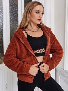 ZIAI Double Pocket Drop Shoulder Hooded Fuzzy Coat - Rust Brown - View 6