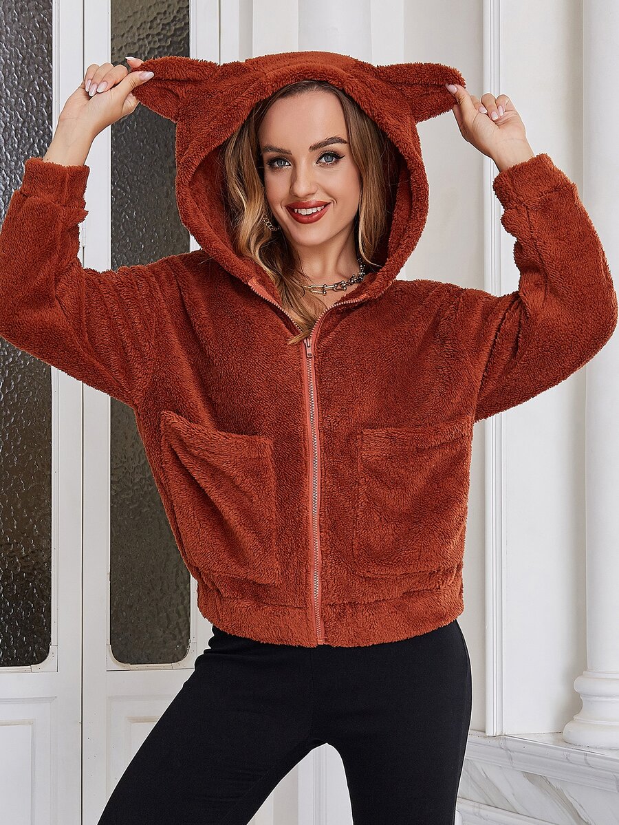 ZIAI Double Pocket Drop Shoulder Hooded Fuzzy Coat - Rust Brown - View 1