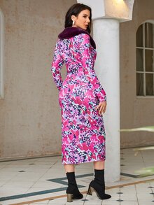 Modelyn Floral Print Borg Collar Jacket & Slit Skirt - Multicolor - View 2