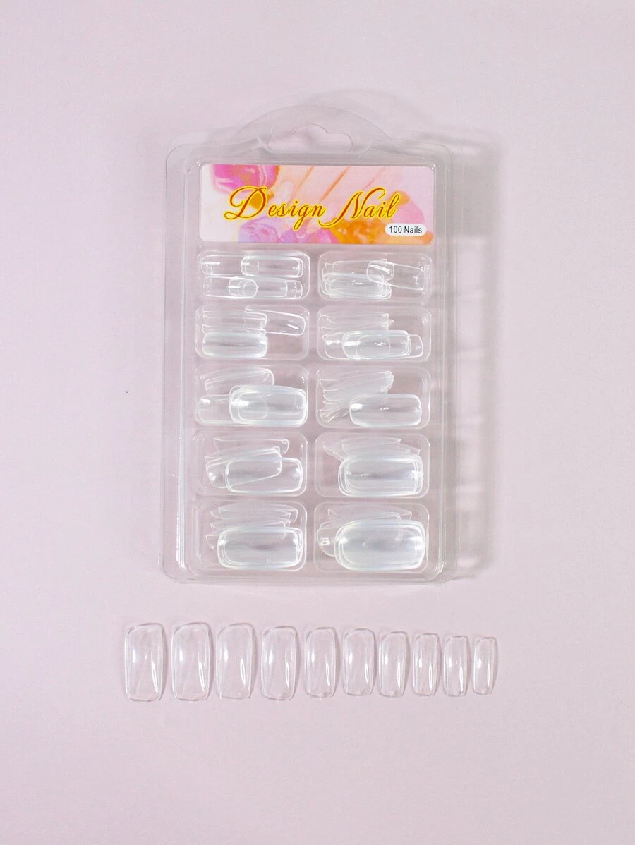 Actualice instantáneamente su aspecto con 100 piezas de uñas postizas transparentes cuadradas largas para salón de uñas en casa Diy para mujeres y niñas - transparente - Ver 1