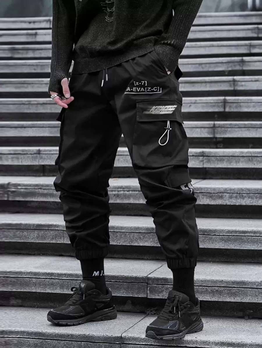 Manfinity Men Letter Patched Flap Pocket Cargo Trousers - Black - View 1