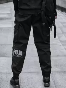 Manfinity Men Letter Patched Flap Pocket Cargo Trousers - Black - View 3