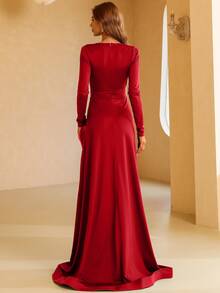 Missord Đầm dự tiệc màu trơn dài tay cổ chữ V sâu cho nữ, Đầm dạ hội trang trọng, Dành cho khách dự tiệc cưới, Tốt nghiệp - Màu Đỏ Sâu - Xem 2