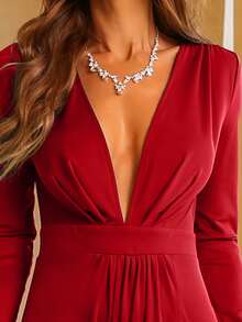 Missord Đầm dự tiệc màu trơn dài tay cổ chữ V sâu cho nữ, Đầm dạ hội trang trọng, Dành cho khách dự tiệc cưới, Tốt nghiệp - Màu Đỏ Sâu - Xem 7