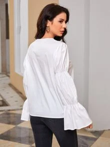 Modelyn Tie Neck Bell Sleeve Solid Top - White - View 2