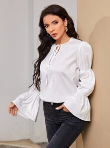 Modelyn Tie Neck Bell Sleeve Solid Top - White - View 3