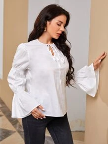 Modelyn Tie Neck Bell Sleeve Solid Top - White - View 4