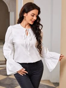 Modelyn Tie Neck Bell Sleeve Solid Top - White - View 5