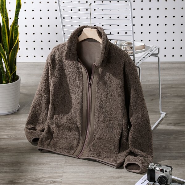 

Men Zip Up Teddy Jacket, Mocha brown