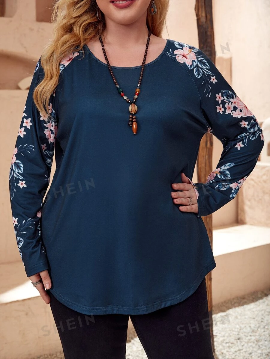 EMERY ROSE Camiseta con estampado floral de manga raglán - Azul Marino - Ver 1