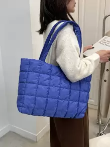 衍縫圖案單肩托特包 - 藍色 - 查看 2