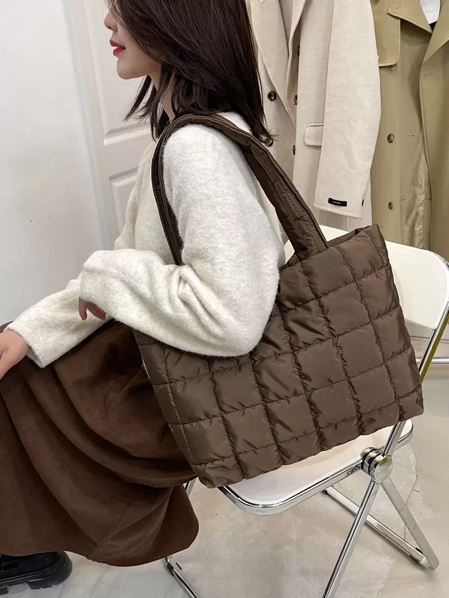 Lightweight,Business Casual Ultra-Lightweight High-Capacity Quilted Tote Bag For Teen Girls Women College Students,Rookies & White-Collar Workers Perfect For Office,College,Work,Business,Commute,Outdoors, Travel, OutingsSchool Bag,Back To School,Large Capacity,Portable, Suitable For Teen Girls Women College Students,White-Collar Workers, Perfect For Back To School,College,First Day Of School,Middle School, High School - Coffee Brown - View 1