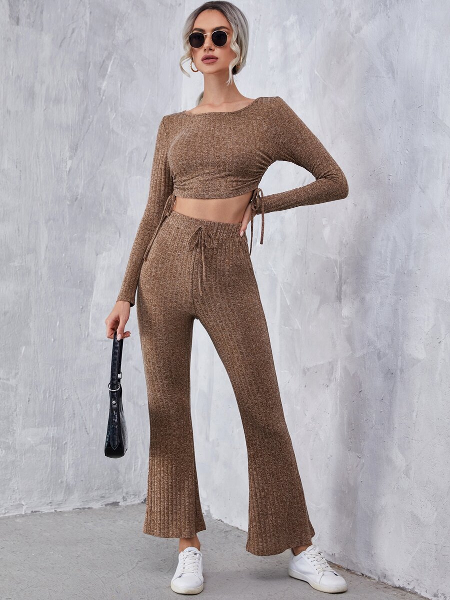 SHEIN Bộ đồ hai mảnh nữ Dây kéo Thắt nút Xù Gân đan màu trơn Giải trí - màu nâu - Xem 1