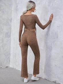 SHEIN Bộ đồ hai mảnh nữ Dây kéo Thắt nút Xù Gân đan màu trơn Giải trí - màu nâu - Xem 2