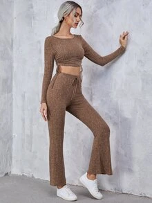 SHEIN Bộ đồ hai mảnh nữ Dây kéo Thắt nút Xù Gân đan màu trơn Giải trí - màu nâu - Xem 3