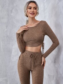 SHEIN Bộ đồ hai mảnh nữ Dây kéo Thắt nút Xù Gân đan màu trơn Giải trí - màu nâu - Xem 4