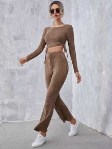 SHEIN Bộ đồ hai mảnh nữ Dây kéo Thắt nút Xù Gân đan màu trơn Giải trí - màu nâu - Xem 5