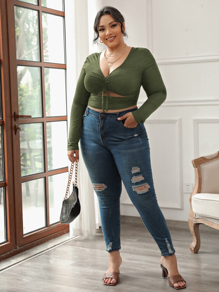 SHEIN Top corto fruncido con abertura - Verde militar - Añade 5