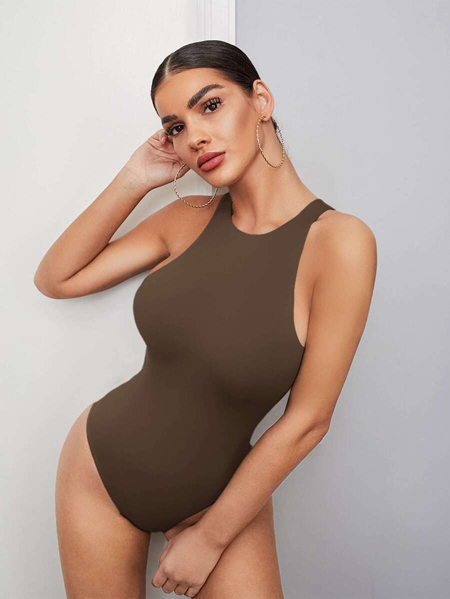 SHEIN BAE Solid Tank Bodysuit - Coffee Brown - View 1