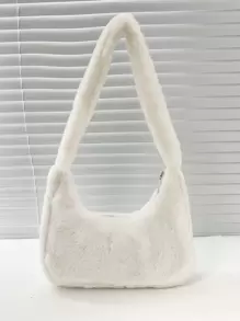 Mini Plush Solid Color Shoulder Bag For Women, Fashionable And Versatile Fur Bag For Daily Commuting, Shopping, And Dating, Cross Body Bag For Going Out, Underarm Bag, New Arrival Fur Purse - White - View 1