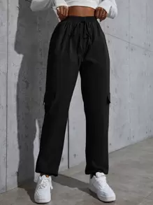 SHEIN Knot Waist Flap Pocket Cargo Trousers - Black - View 3