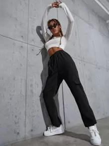 SHEIN Knot Waist Flap Pocket Cargo Trousers - Black - View 4