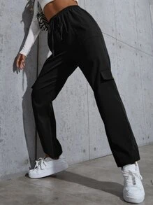 SHEIN Knot Waist Flap Pocket Cargo Trousers - Black - View 5